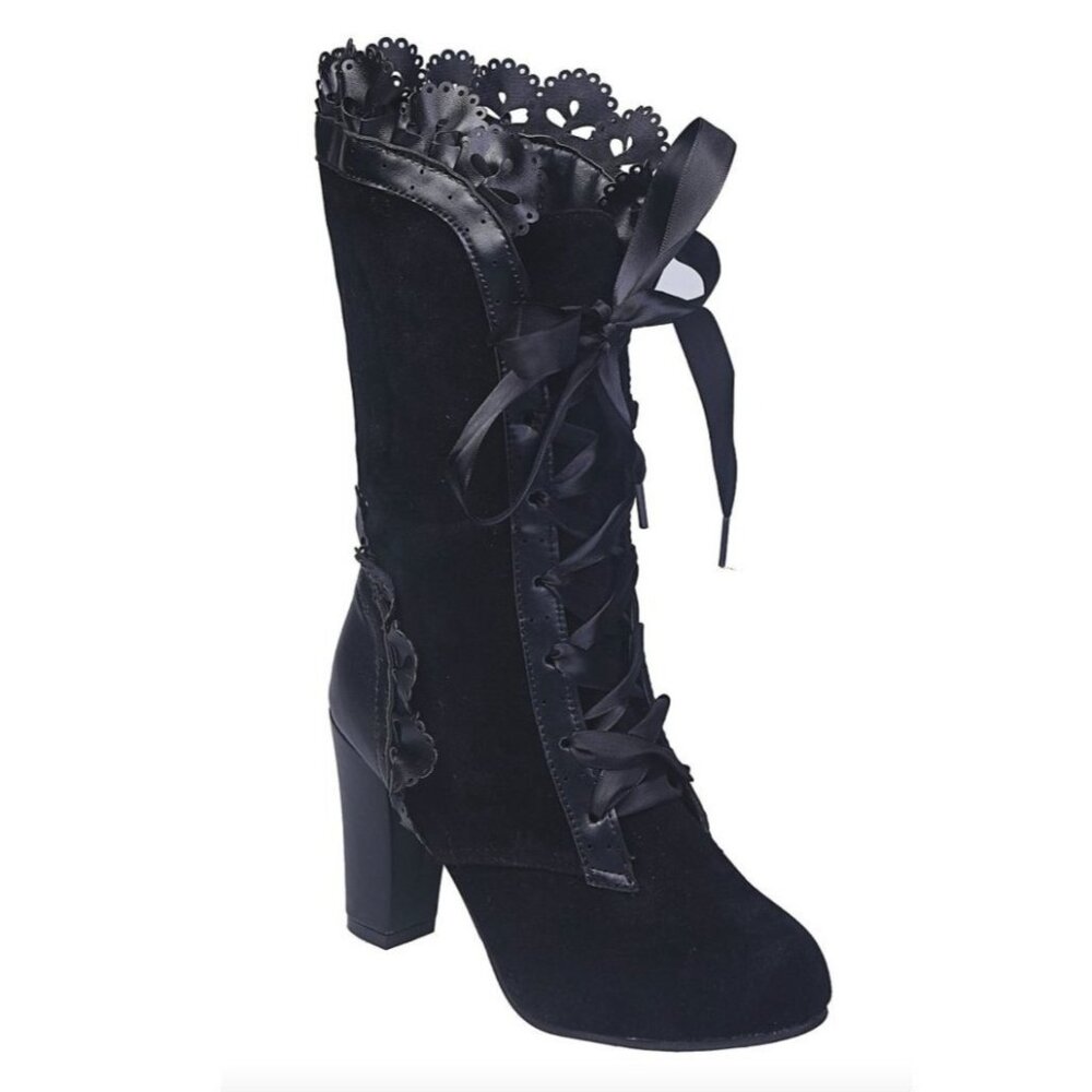 PAOTMBU - Lace Trim Ribbon Block Heel Boot